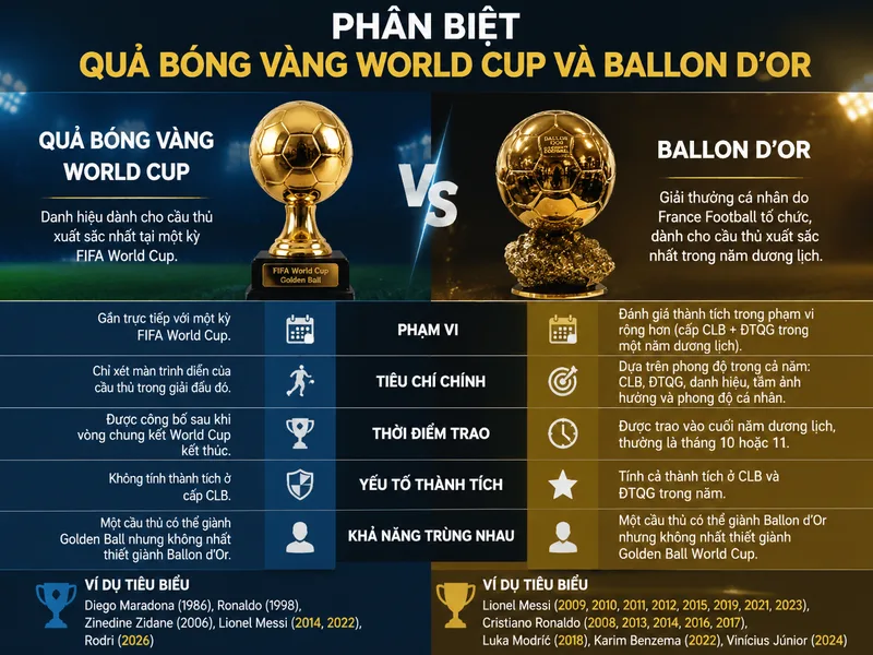 Quả Bóng Vàng World Cup và Ballon d'Or là hai giải thưởng khác nhau về phạm vi đánh giá và thời gian xét thành tích.