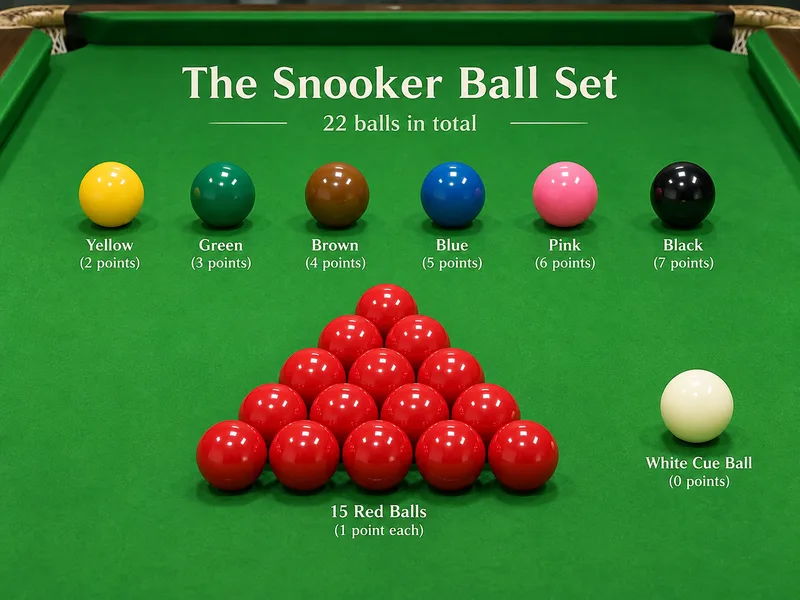 Bộ bi tiêu chuẩn giúp người mới hiểu rõ snooker là gì, gồm 15 bi đỏ, 6 bi màu và một bi cái trắng.