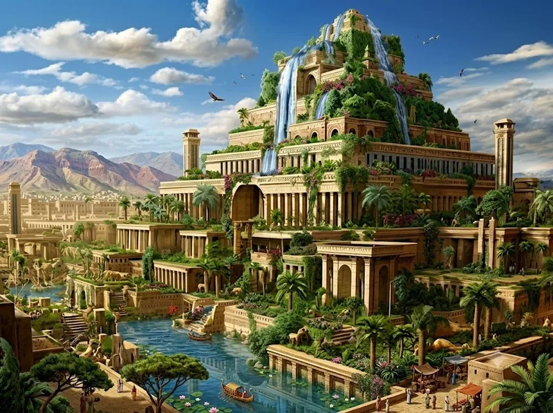 Các bản phục dựng mô tả Vườn treo Babylon như một công trình nhiều tầng với cây xanh, sân bậc thang và hệ thống kiến trúc đặc biệt.