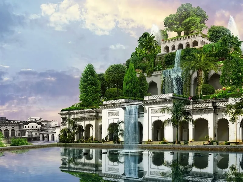 Vườn treo Babylon gây ấn tượng nhờ sự kết hợp giữa kiến trúc đồ sộ và không gian xanh giữa vùng đất Lưỡng Hà khô hạn.