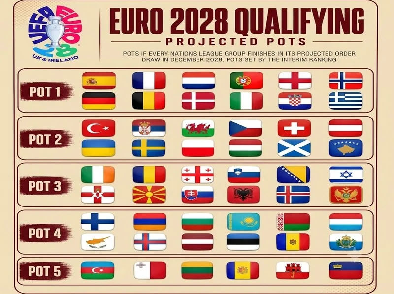 Thể thức vòng loại Euro 2028 kết hợp vé trực tiếp cho các đội nhất bảng, nhóm nhì có thành tích tốt và những suất được xác định qua vòng play-off.